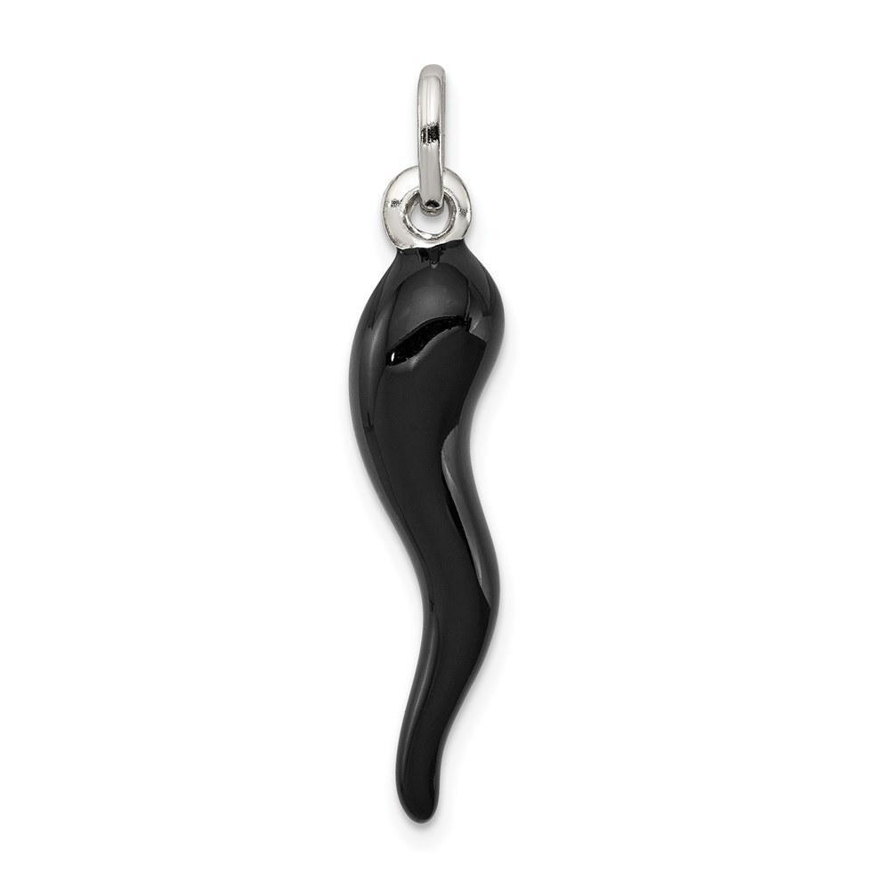 925 Sterling Silver Black Enamel Italian Horn Cornicello Necklace Pendant